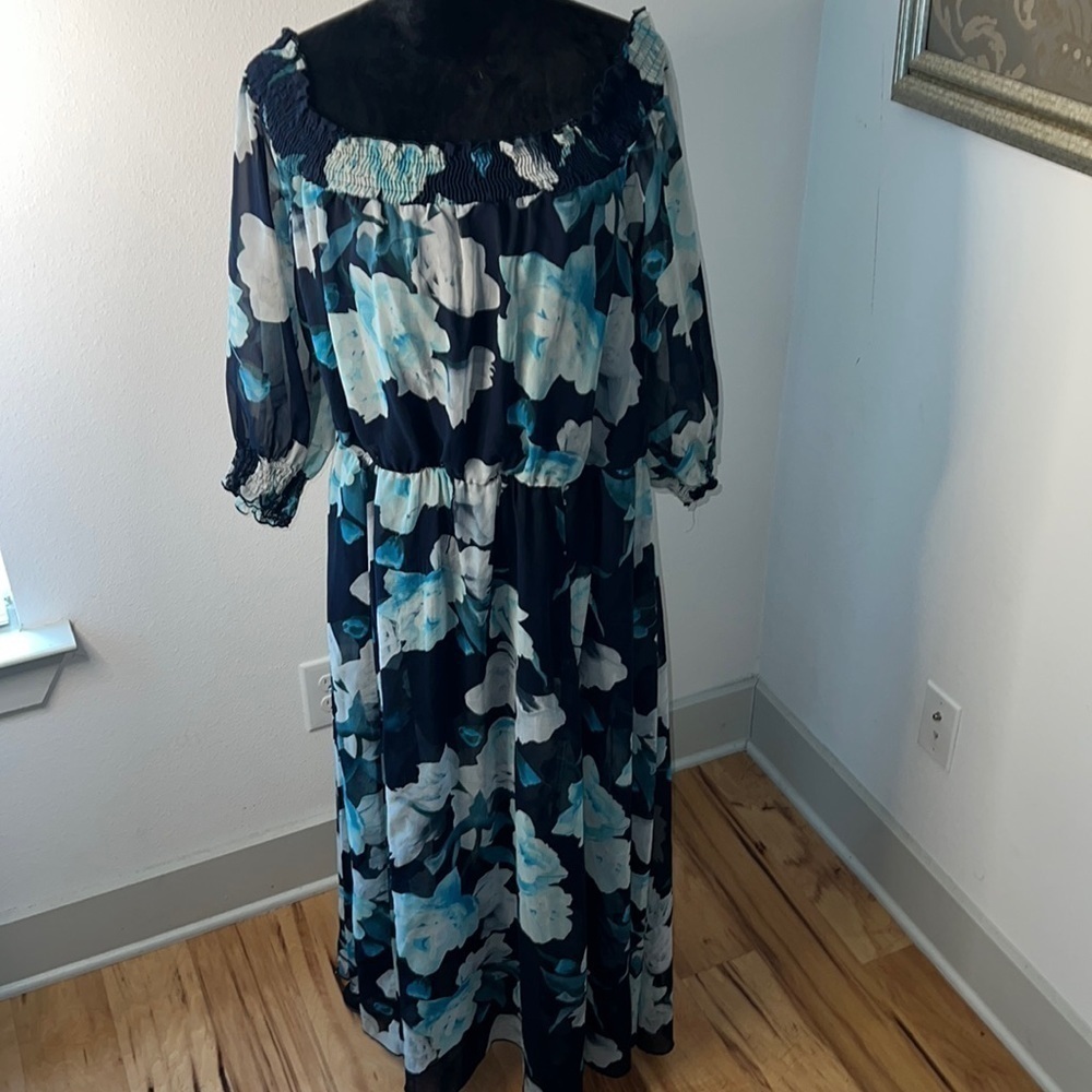 Enfocus Women Sz 14W off the shoulder blue hues floral print dress